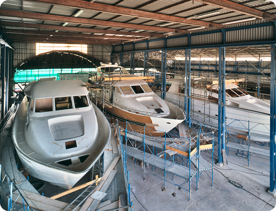 Boat building workshop interior view