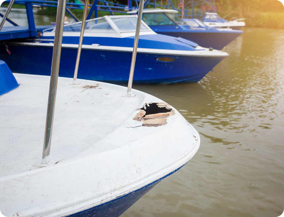 Blue boats lined up on river